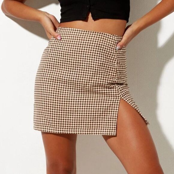 ASOS tan gingham checkered mini skirt size 6 - Picture 1 of 8